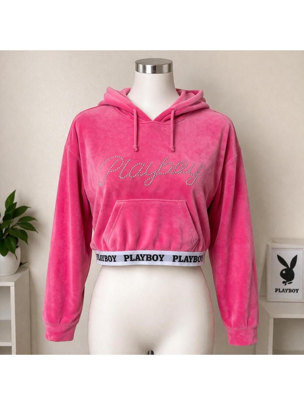 Playboy Pink Velour Cropped Hoodie Rhinestone Logo Womens XL Y2K